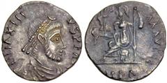 Maximus, AD 409-411. AR Siliqua (1.1g). Minted at Barcino (Barcelona), AD 410-411. Usurper in Spain . D N MAXIM-VS P F AVG. Diademed, draped and cuirassed bust of Maximus, right. Reverse: [VICTOR]AA [