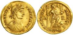 Avitus, AD 455-456. Gold Solidus (4.47g). Minted at Arles July 9, AD 455 - October 17, AD 456. West Roman Empire. D N AVITVS PERP F AVG. Rosette-diademed, draped, and cuirassed bust of Avitus right. R