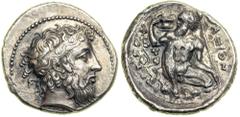 Sicily, Naxos. Silver Tetradrachm (16.81g) ca. 430-420 BC. Bearded head of Dionysos right wearing an ivy-wreathed stephanos, his short hair hanging loose in curly locks. Reverse: Nude and bearded Sile