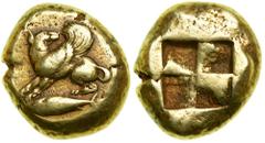 Mysia, Kyzikos. Electrum Stater (16.0g), ca. 500-450 BC. Winged dog seated left, its head reverted; below, tunny fish left. Reverse : Quadripartite incuse square. V. Fritze 104; Boston MFA 1433. The w