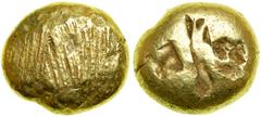 Ionia, Miletos. Electrum Stater (14.23g) struck ca. 660 BC. The Striation Type. Milesian standard (17.5mm). Field of striated lines. Reverse: Long slim, shallow rectangular central punch, flanked by t