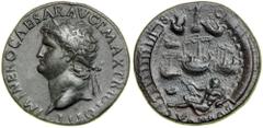 Nero, AD 54-68. AE Sestertius (26.3 g) minted at Lugdunum (Lyon), ca. AD 66. IMP NERO CAESAR AVG P MAX TRIB POT P P. Laureate head of Nero left; globe at point of bust. Reverse: PORT AVG (retrograde);