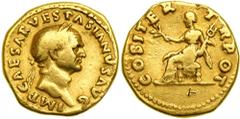 Vespasian, AD 69-79. Gold Aureus (7.0 g) minted at Rome, July-Dec. AD 70. Laureate head of Vespasian right. Reverse: Pax seated left holding branch and caduceus. RIC 28, Calicó 607a. Innocuous banker'