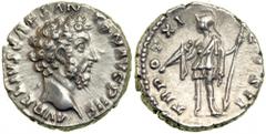 Marcus Aurelius, as Caesar. AR Denarius minted at Rome, AD 156-157. Bare head of Aurelius right. Reverse: Virtus standing left, holding a parazonium and spear. RIC (Pius) 473. Together with: Marcus Au