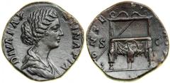 Diva Faustina, Jr., wife of Marcus Aurelius, died AD 175/6. AE Sestertius (21.2 g) minted at Rome. Struck under Aurelius . DIVA FAV - STINA PIA. Draped bust of Faustina Jr. right. Reverse: C - ONSE - 