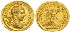 Elagabalus, AD 218-222. Gold Aureus (6.38g) minted at Rome, AD 218-219. Laureate, draped and cuirassed bust of Elagabalus right. Reverse: Victoria (Victory)smiling, advancing right holding wreath befo