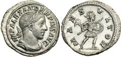 Severus Alexander, AD 222-235. AR Denarius minted at Rome AD 226. Laureate and draped Alexander bust right. Reverse: Aequitas standing 3/4 left, head left, holding cornucopiae and scales. RIC 127; RSC