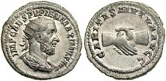 Pupienus, AD 238. Silver Antoninianus (5.0g) minted at Rome. Radiate, draped and cuirassed bust of Pupienus right. Reverse: Clasped hands. RIC 10b; RSC 3. Well struck and well centered with complete l