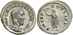 Pupienus, AD 238. Silver Denarius minted at Rome. Laureate, draped and cuirassed bust of Pupienus right. Reverse: The emperor standing facing, head left, holding an olive branch and scepter. RIC 5; RS