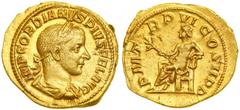 Gordian III, AD 238-244. Gold Aureus (5.16g) minted at Rome, AD 242-243. Laureate, draped and cuirassed bust of Gordian III right. Reverse: PM TRP VI COS II PP. Apollo seated left, head tilted up, hol