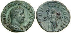 Philip I, AD 244-249. AE Sestertius (17.3 g) minted at Rome, first officina , 6th emission, AD 247. Laureate, draped and cuirassed bust of Philip right, seen from behind. Reverse: Felicitas (Happiness