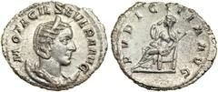 Otacilia Severa, wife of Philip I, AD 244-249. AR Antoninianus minted at Rome, AD 244-246. Diademed and draped Otacilia bust right on crescent. Reverse: Pudicitia seated left holding scepter and pulli