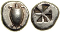 Aigina, Aegina, 510-490 BC. Silver Stater (12.34g). Sea-turtle, head in profile, smooth shell with faint line of pellets down center. Reverse: Large square incuse with skew pattern. SNG Copenhagen 507