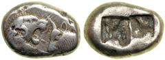 Kings of Lydia. Croesus 561-546 BC. Silver Siglos (5.13g). Forepart of lion facing right and forepart of bull left, confronted. Reverse: Two incuse squares juxtaposed, one smaller than the other. ANS 