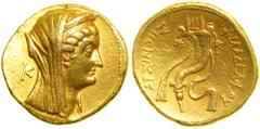 Ptolemaic Kingdom. Arsinöe II, wife of Ptolemy II. Died 270 BC. Gold Octadrachm. Alexandria, under Ptolemy VI-VIII. ca. 170-116 BC. Diademed and veiled head of Arsinöe II facing right; above, tip of a