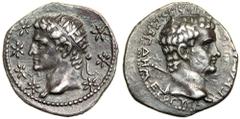 Caligula, AD 37-41. Silver Drachm (2.40g) of Crete, Gortyna. Bust of Caligula facing right, scepter over his shoulder. Reverse: Radiate bust of Divus Augustus facing left, seven stars surrounding. RPC