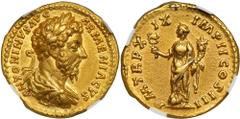 Marcus Aurelius, AD 161-180. Gold Aureus (7.18g) minted at Rome, AD 164-165. Laureate, draped, cuirassed bust right of Marcus Aurelius. Reverse: Felicitas standing left, holding caduceus and cornucopi