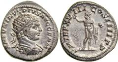 Caracalla, AD 198-217. Silver Antoninianus (5.2g) minted at Rome, AD 215. Radiate, draped and cuirassed bust of Caracalla right. Reverse : Sol (Sun) standing slightly right, head left, raising hand an