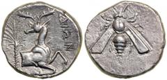 Ionia, Ephesos. Silver Tetradrachm (15.4g), ca. 390-325 BC. Dion, magistrate. Bee with straight wings. Reverse Forepart of stag right, head turned to look back; in left field, palm tree; in right fiel