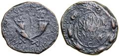 Judea. Herodian Period. Agrippa II, 50-95 CE. Era of Nero Year 14 (AD 67/8). AE 24. Mint of Sepphoris (Neronias). Wreath around circle with crude legend within. Reverse Two crossed cornucopias with ca