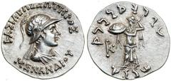 Indo-Greek Kingdom. Menander I. Silver Drachm (2.45g), ca. 165/55-130 BC. above, below, helmeted and draped bust of Menander I right. Reverse Athena Alkidemos advancing left, holding forth shield and 