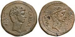 Octavian with Divus Julius Caesar, 38 BC. Bronze Sestertius (19g). (or Dupondius). CAESAR DIVI F, bare head of Octavian right. Reverse: DIVOS IVLIVS, wreathed head of Caesar r. RPC 620; RRC 535/1; Syd