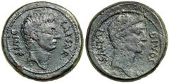 Octavian, with Divus Julius Caesar. 38 BC. AE Sestertius or Dupondius (20.1g). Uncertain mint, probably in Southern Italy. CAESAR DIV. F, bare head of Octavian right.Reverse: DIVOS IVLIVS, wreathed he