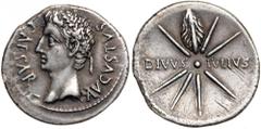 Augustus, 27 BC-AD 14. Silver Denarius (3.6g). Uncertain mint in Spain (Caesaraugusta?), 19/8 BC. CAESAR AVGVSTVS, head of Augustus left, wearing oak wreath.Reverse: DIVVS above, IVLIVS below, comet o