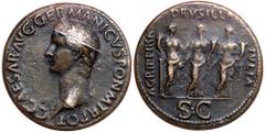 Caligula, AD 37-41. Bronze Sestertius, mint of Rome, AD 37/8. Laurel head of Caligula facing left. Reverse: AGRIPPINA DRVSILLA IVLIA S C, the three sisters of Caligula standing side by side representi