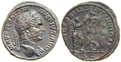 Caracalla, AD 198-217. AE Sestertius minted at Rome, c. AD 211. Laureate, bearded bust right of Caracalla, left shoulder draped. Reverse: Victory standing right, left foot on helmet, ereting trophy; t