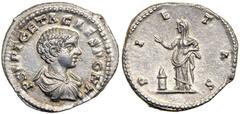 Geta, AD 198-209. Silver Denarius (3.0g), as Caesar. Rome, under Septimius Severus, AD 200-205. P SEPT GETA CAES PONT, bare-headed, draped and cuirassed bust of Geta right.Reverse: PIETAS, Pietas stan