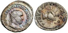 Balbinus. AD 238. Silver Antoninianus (4.9g). Rome. IMP CAES D C AEL BALBINVS AVG, radiate, draped and cuirassed bust of Balbinus right. Reverse PIETAS MVTVA AVGG, clasped hands. RIC 12; BMC 74; RSC 1