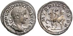 Gordian III, AD 238-244. Silver Denarius (2.9g). Rome, AD 240. IMP GORDIANVS PIVS FEL AVG, laureate, draped and cuirassed bust of Gordian III right.Reverse: P M TR P III COS P P, emperor on horseback 