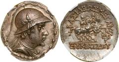Baktrian Kingdom. Eukratides I. Silver Tetradrachm (16.9 g), ca. 171-145 BC. Diademed, draped and cuirassed bust of Eukratides I right, wearing crested helmet adorned with bull's horn and ear. Reverse