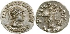 Indo-Greek Kingdom. Menander I. Silver Drachm (2.5 g), ca. 165/55-130 BC. , diademed and draped bust right, wearing crested helmet adorned with bull’s horn and ear. Reverse Athena Alkidemos advancing 