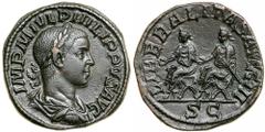 Philip II. AE Sestertius (19.2 g), AD 247-249. Rome, AD 249. IMP M IVL PHILIPPVS AVG, laureate, draped and cuirassed bust of Philip II right. Reverse LIBERALITAS AVGG III, Philip I and Philip II seate