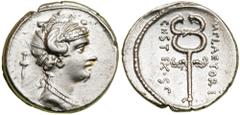 M. Plaetorius M.f. Cestianus. Silver Denarius (3.91 g), 67 BC. Uncertain mint. Draped female bust right, with hair in bag or net; behind, dagger. Reverse M PLAETORI CEST EX S C, winged caduceus. Crawf
