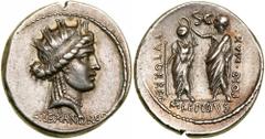 M. Aemilius Lepidus. Silver Denarius (3.73 g), 58 BC. Rome. ALEXANDREA below, diademed head of Alexandria right, wearing mural crown. Reverse M LEPIDVS in exergue, TVTOR REG on left, PO(NT) MAX in rig