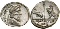 Pompey the Great. Silver Denarius (3.9 g), 48 BC. Military mint traveling with Pompey in Greece. Terentius Varro, proquaestor. VARRO PRO Q, diademed bust of Jupiter right. Reverse MAGN PRO / COS in tw