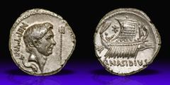 Sextus Pompey, younger son of Pompey the Great, Silver Denarius (3.44 g), 42-38 BC. Executed 35 BC. Minted in Massilia. Q. Nasidius, commander of the fleet. NEPTVNI behind, bare head of Pompey the Gre