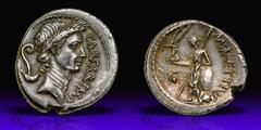 Julius Caesar. Silver Denarius (3.77 g), 44 BC. Rome. M. Mettius, moneyer. CAESAR IMP, laureate head of Julius Caesar right; behind, lituus and simpulum behind. Reverse M METTIVS, Venus standing facin