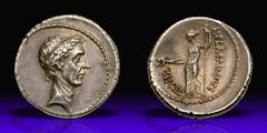 Julius Caesar. Dictator from 49 BC, assassinated 44 BC. Silver Denarius (3.89 g), 43 BC. Rome. L. Flaminius Chilo, moneyer. Laureate head of Julius Caesar right. Reverse L FLAMINIVS III VIR, female fi