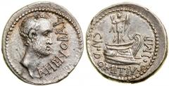 Cn. Domitius Ahenobarbus. Silver Denarius (3.92 g), 41-40 BC. Uncertain mint in the region of the Adriatic or Ionian Sea. Imperator, died 31 BC. AHENOBAR, head of L. Ahenobarbus right. Reverse CN DOMI