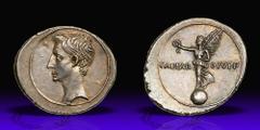 Octavian. Silver Denarius (3.87 g), 31-30 BC. Uncertain Italian mint (Rome?). Bare head of Octavian left. Reverse CAESAR DIVI F, Victory standing left on globe, holding wreath and palm. RIC 254b; HCRI