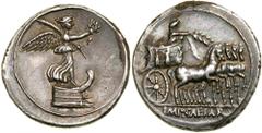 Octavian. Silver Denarius (3.9 g), 30 BC. Uncertain Italian mint (Rome?). Victory standing right on prow, holding wreath and palm. Reverse IMP CAESAR in exergue, Emperor, holding branch and reins, dri