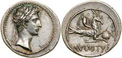 Augustus. Silver Denarius (3.87 g), 27 BC-AD 14. Uncertain mint in the East, ca. 27 BC or a little later. Laureate head of Augustus right. Reverse AVGVSTVS, capricorn right, cornucopiae on its back, h
