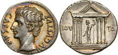 Augustus. Silver Denarius (3.80 g), 27 BC-AD 14. Colonia Patricia(?), ca. 19 BC. CAESAR AVGVSTVS, bare head of Augustus left. Reverse IOV TO[N], hexastyle temple of Jupiter containing statue of the go