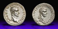 Gaius Caligula, with Agrippina I. Silver Denarius (3.69 g), AD 37-41. Lugdunum, AD 37/8. C CAESAR AVG GERM P M TR POT, bare head of Gaius right. Reverse AGRIPPINA MAT C CAES AVG GERM, draped bust of A