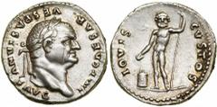 Vespasian. Silver Denarius (3.43 g), AD 69-79. Rome, AD 76. IMP CAESAR VESPASIANVS AVG, laureate head of Vespasian right. Reverse IOVIS CVSTOS, Jupiter standing facing, holding patera and scepter; at 
