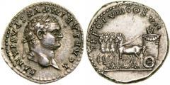 Titus. Silver Denarius (3.22 g), as Caesar, AD 69-79. Rome, AD 79. T CAESAR IMP VESPASIANVS, laureate head of Titus right sporting slight beard. Reverse TR POT VIII COS VII, slow quadriga left, drawin